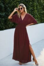 Solid V Neck Dolman Sleeves Maxi Split Dress
