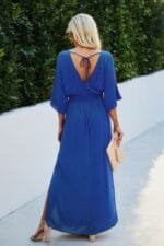 Solid V Neck Dolman Sleeves Maxi Split Dress