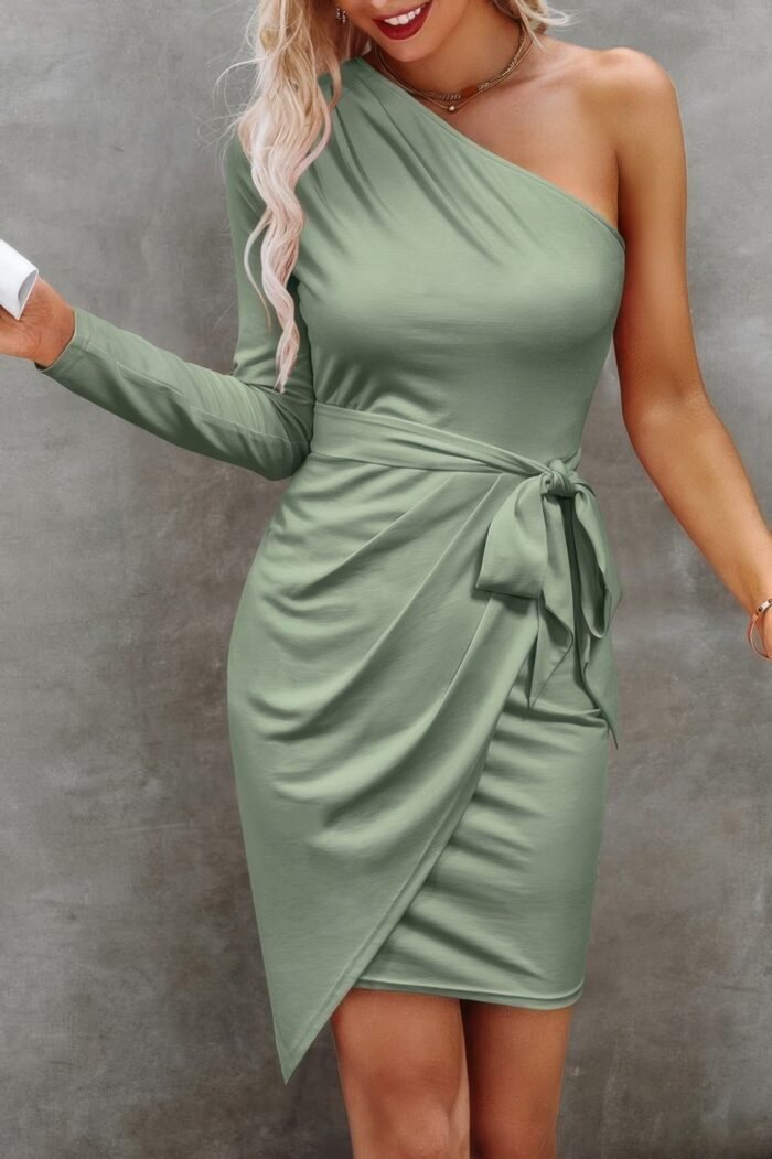 Solid One Shoulder Wrap Belted Short Dress - Image 3