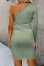 Solid One Shoulder Wrap Belted Short Dress