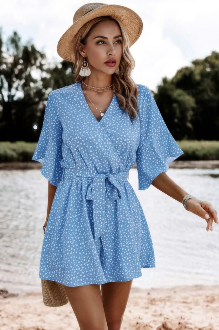 V Neck Ruffled Belted Flared Hemmed Romper - Image 1