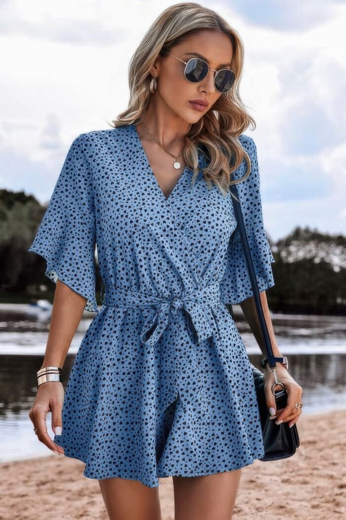 V Neck Ruffled Belted Flared Hemmed Romper - Image 3
