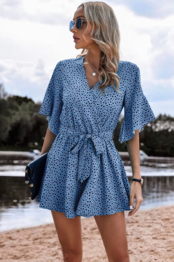 V Neck Ruffled Belted Flared Hemmed Romper - Image 4