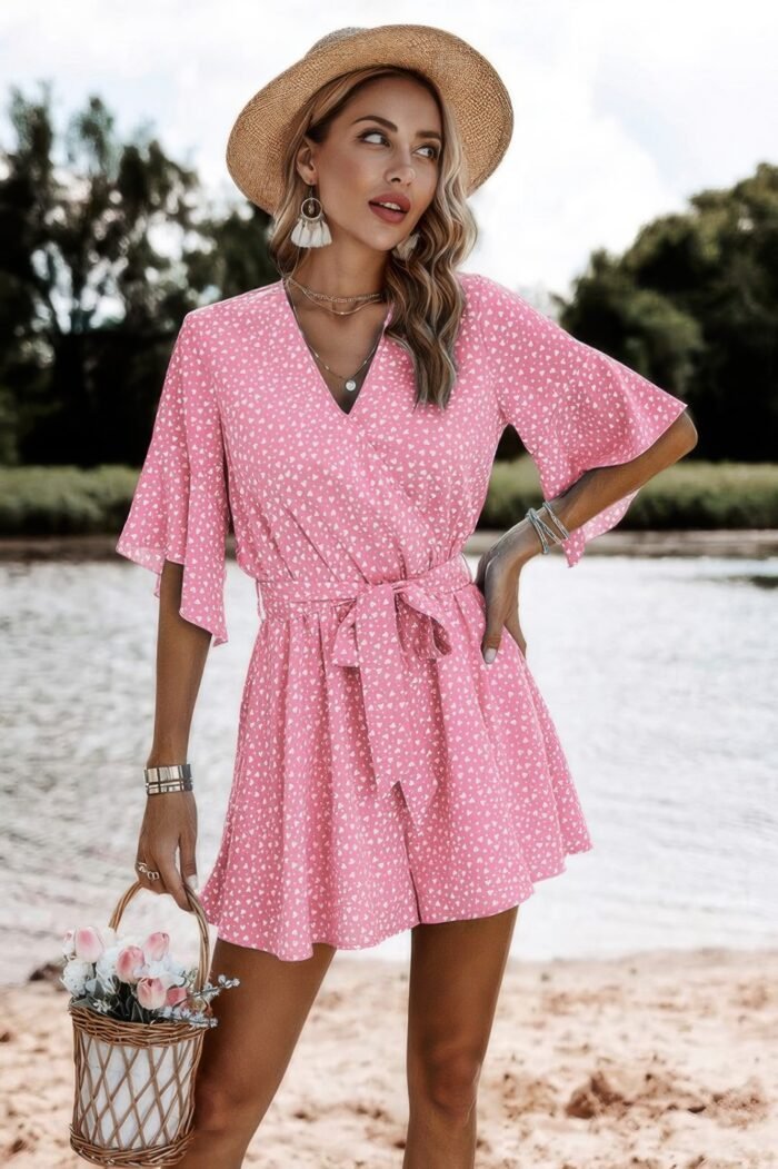V Neck Ruffled Belted Flared Hemmed Romper - Image 6