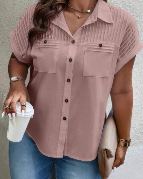 Plus Size Button Solid Color Block Loose Blouse