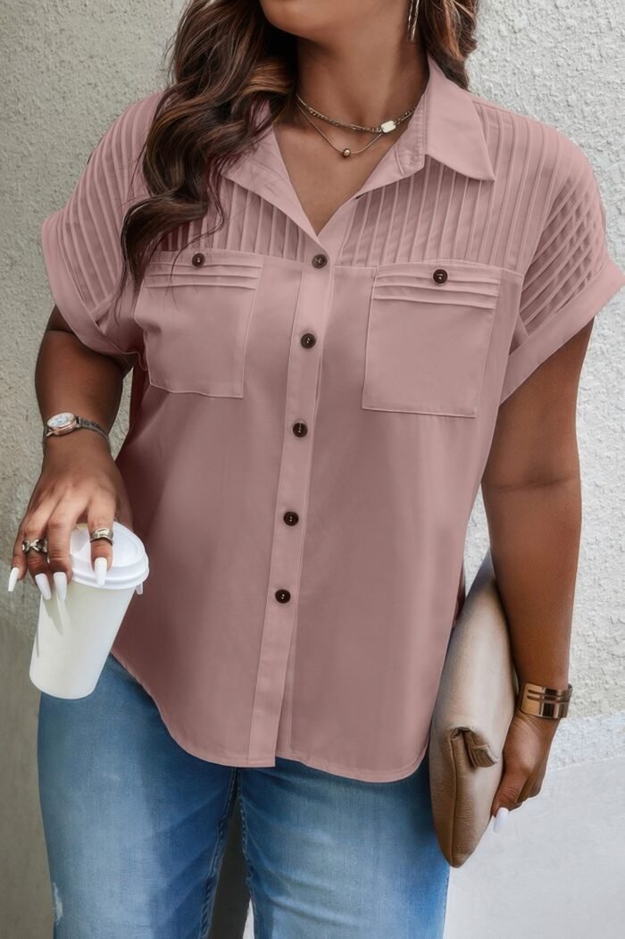 Plus Size Button Solid Color Block Loose Blouse - Image 1