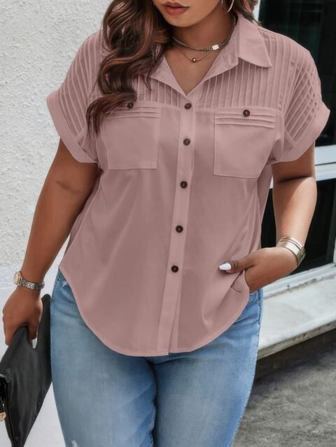 Plus Size Button Solid Color Block Loose Blouse