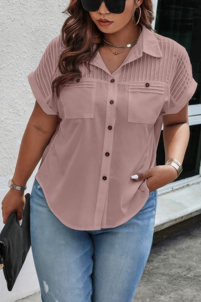 Plus Size Button Solid Color Block Loose Blouse - Image 2