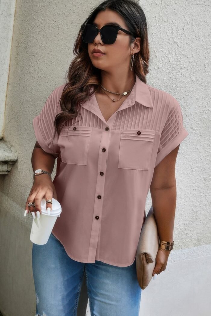 Plus Size Button Solid Color Block Loose Blouse - Image 3