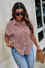 Plus Size Button Solid Color Block Loose Blouse