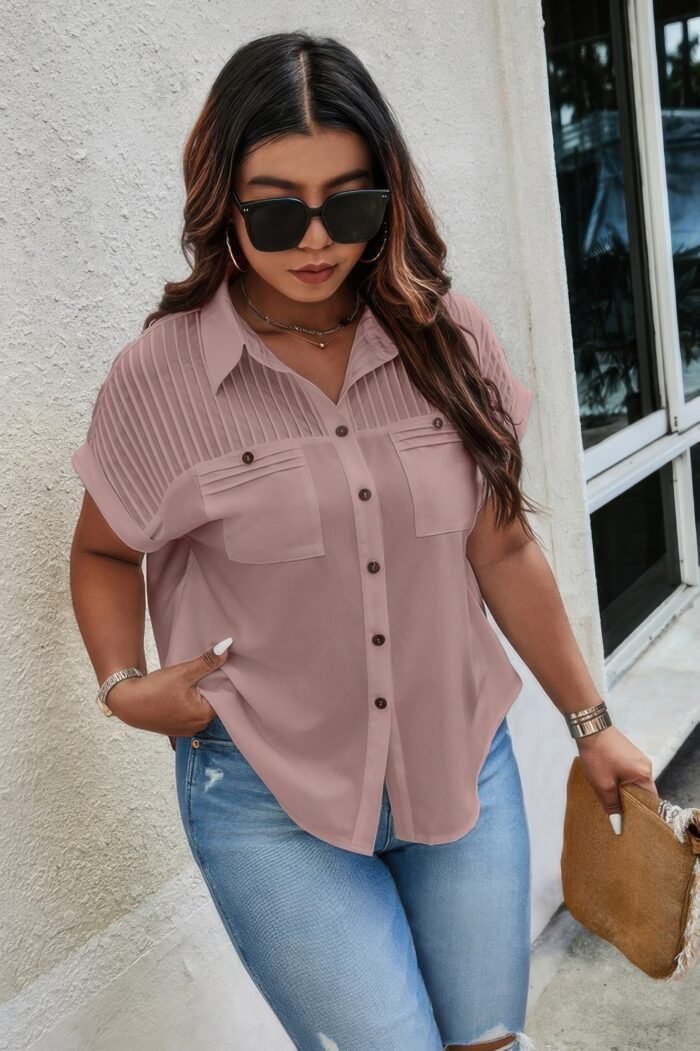 Plus Size Button Solid Color Block Loose Blouse - Image 4