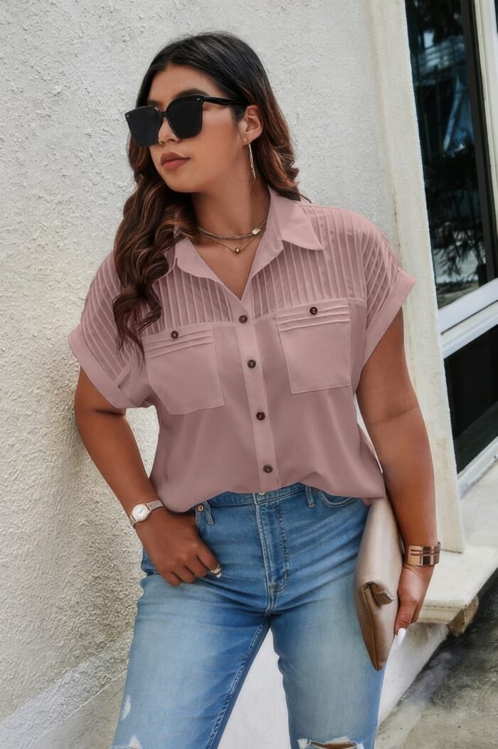 Plus Size Button Solid Color Block Loose Blouse - Image 5