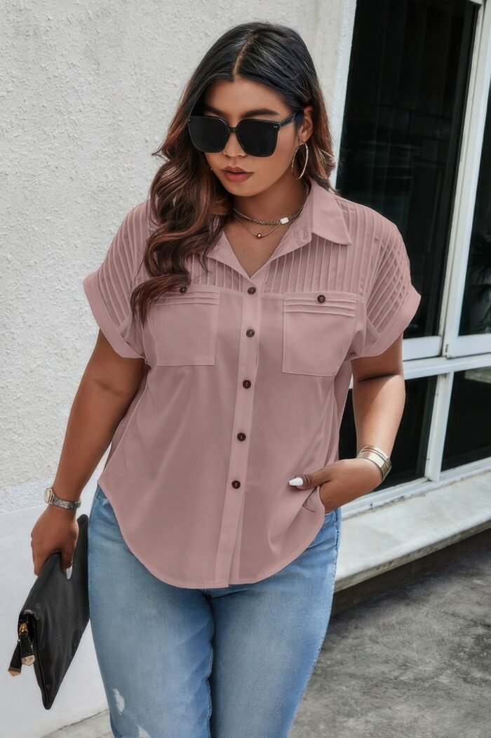 Plus Size Button Solid Color Block Loose Blouse - Image 6