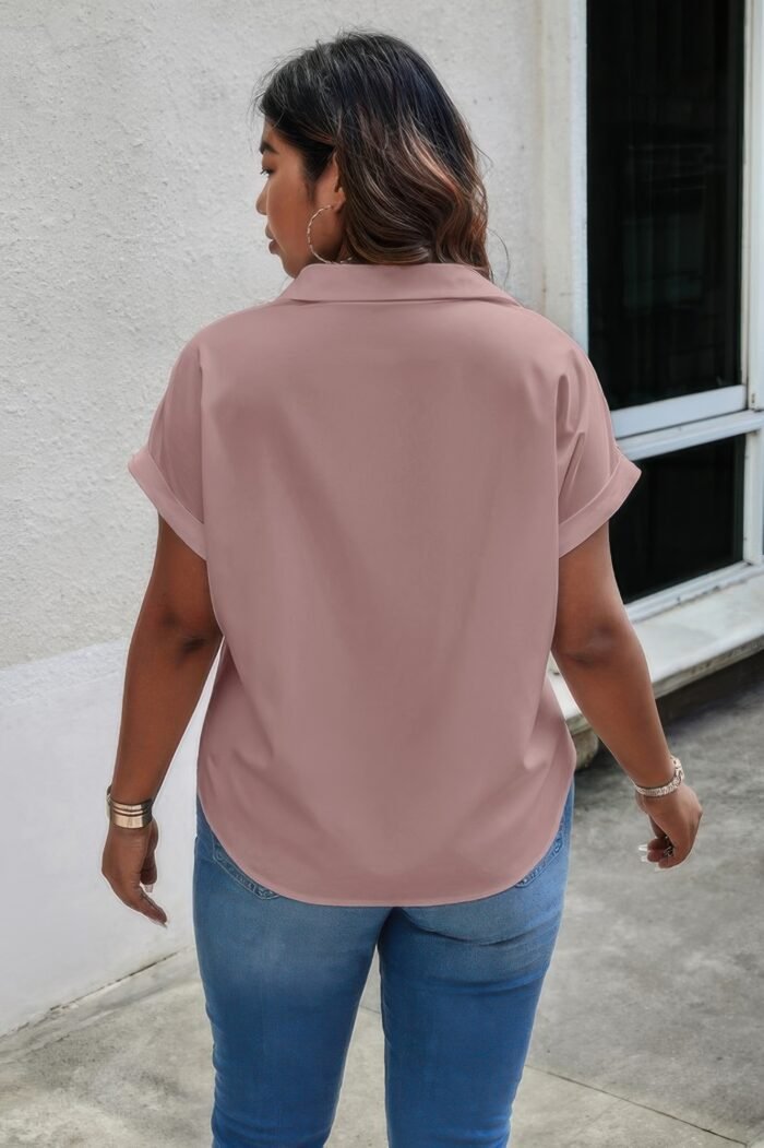 Plus Size Button Solid Color Block Loose Blouse - Image 7
