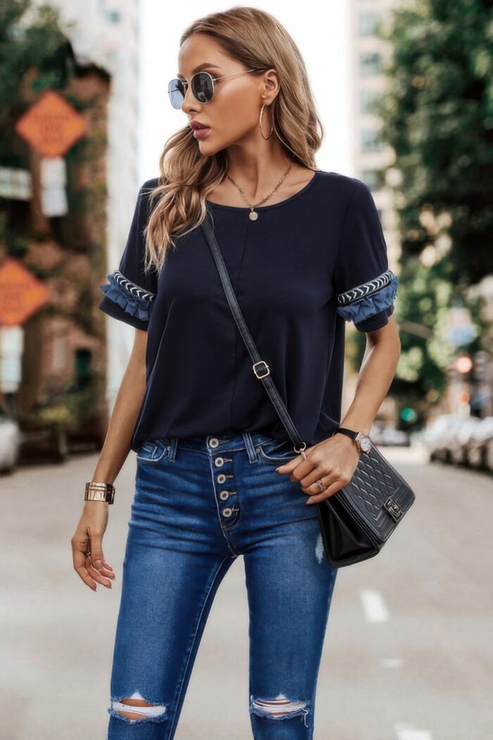 Round Neck Loose Fit Frill Trim Tee - Image 1