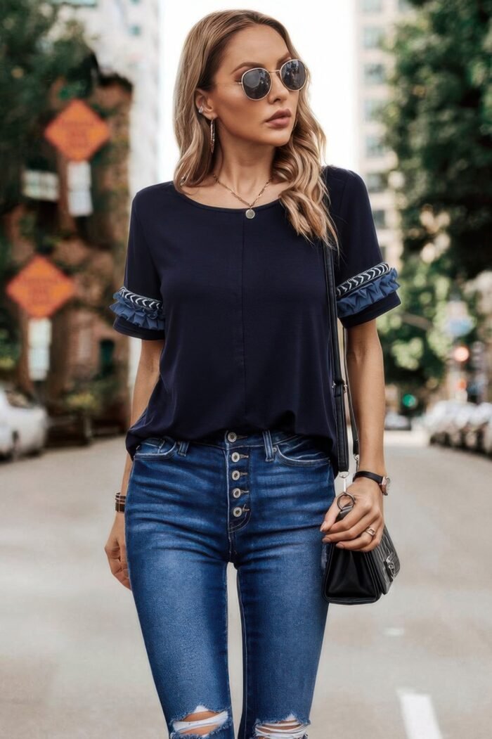 Round Neck Loose Fit Frill Trim Tee - Image 3