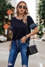 Round Neck Loose Fit Frill Trim Tee