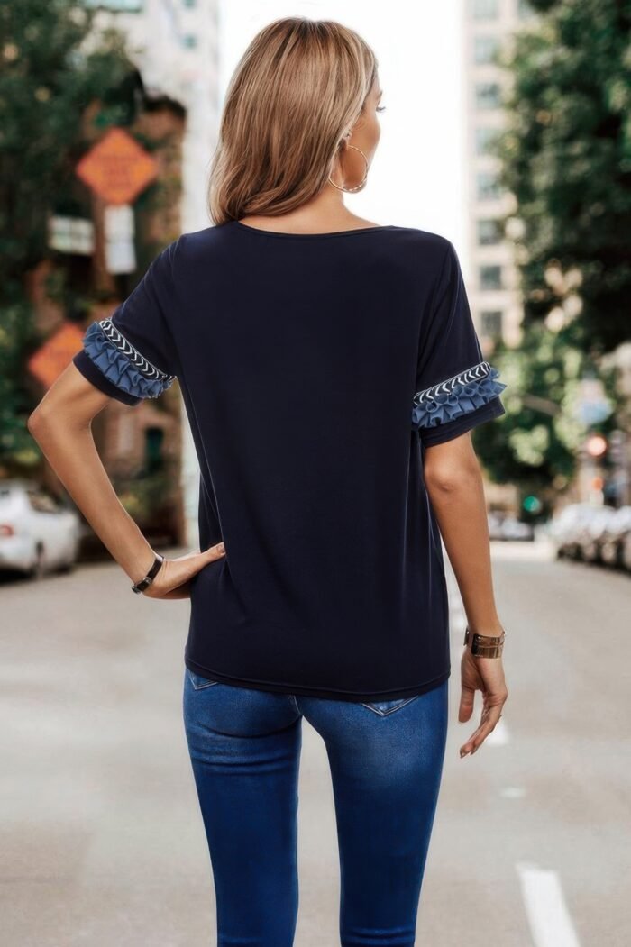 Round Neck Loose Fit Frill Trim Tee - Image 5