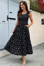 Cross Print Square Neck Sleeveless Pocket Dress - Image 3