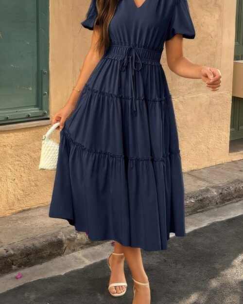 solid color block puff sleeve elastic waist dress