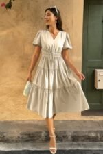 Solid Color Block Puff Sleeve Elastic Waist Dress - Image 4
