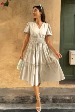 Solid Color Block Puff Sleeve Elastic Waist Dress