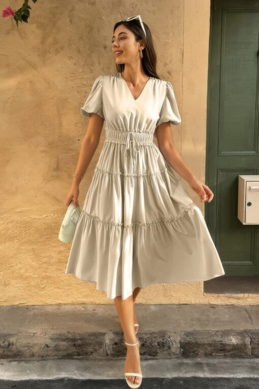 Solid Color Block Puff Sleeve Elastic Waist Dress - Image 4