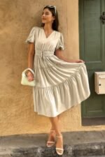 Solid Color Block Puff Sleeve Elastic Waist Dress - Image 5