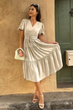 Solid Color Block Puff Sleeve Elastic Waist Dress