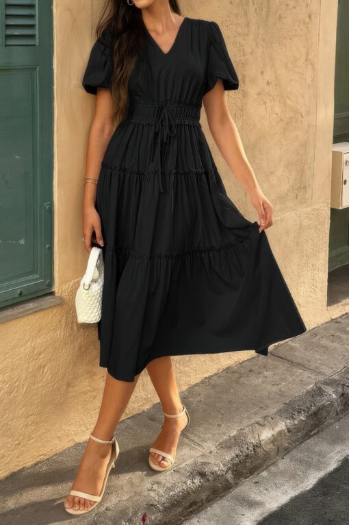 Solid Color Block Puff Sleeve Elastic Waist Dress - Image 8