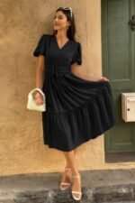 Solid Color Block Puff Sleeve Elastic Waist Dress - Image 9