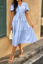 Solid Color Block Puff Sleeve Elastic Waist Dress - Image 11