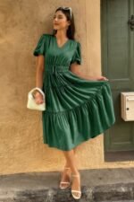 Solid Color Block Puff Sleeve Elastic Waist Dress - Image 15