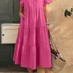 Solid A Line Ruffle Hem Color Block Dress