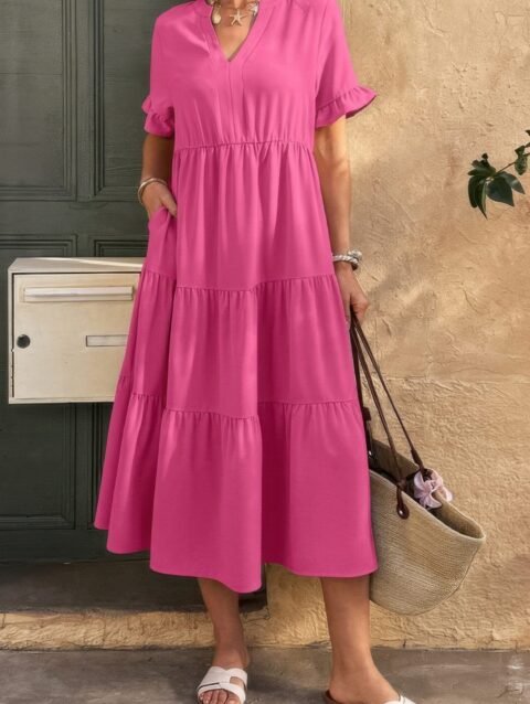 Solid A Line Ruffle Hem Color Block Dress