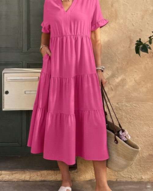 Solid A Line Ruffle Hem Color Block Dress