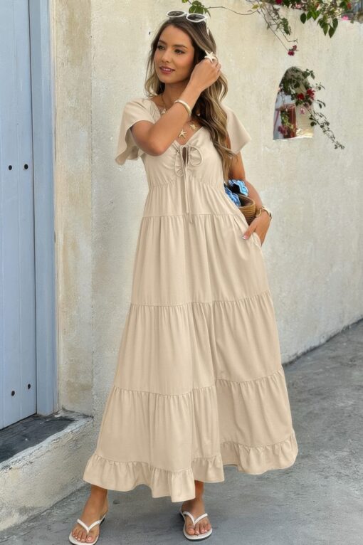 Cross Knot Color Block Pockets A Line Dress - Image 4
