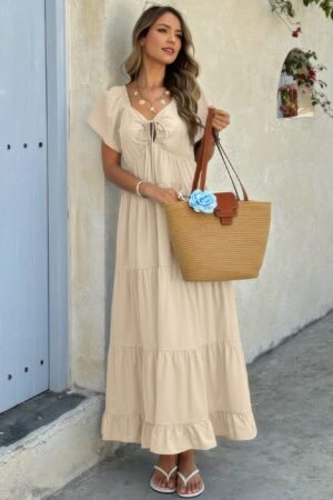 Cross Knot Color Block Pockets A Line Dress