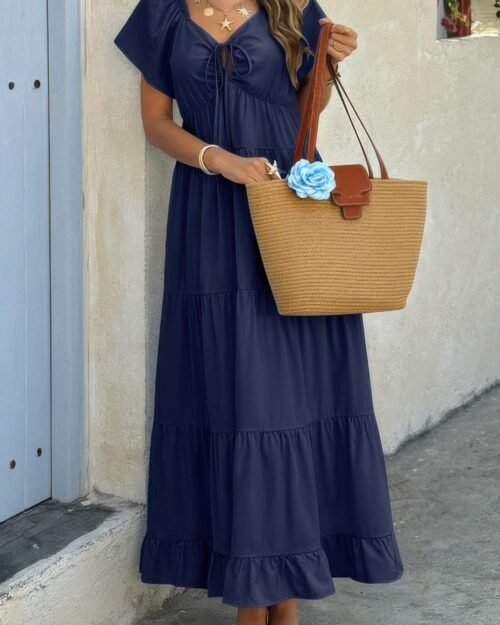 square neck cross knot pockets ruffle hem dress