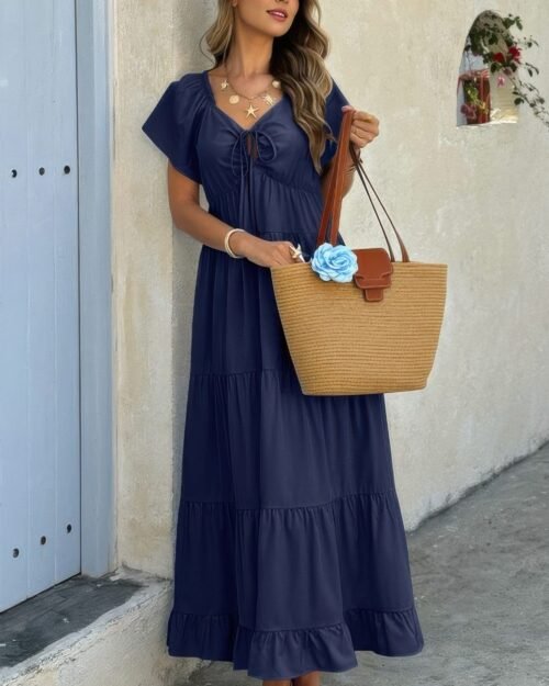 square neck cross knot pockets ruffle hem dress