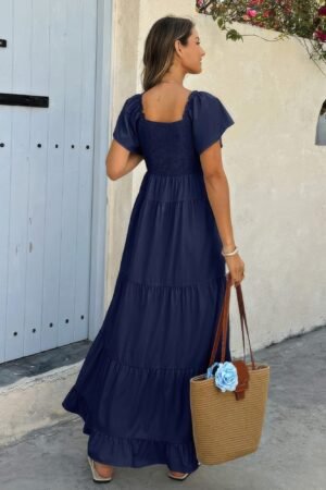 Square Neck Cross Knot Pockets Ruffle Hem Dress