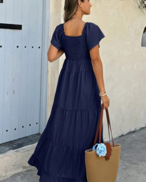 square neck cross knot pockets ruffle hem dress