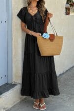 Square Neck Cross Knot Pockets Ruffle Hem Dress