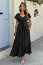 Square Neck Cross Knot Pockets Ruffle Hem Dress