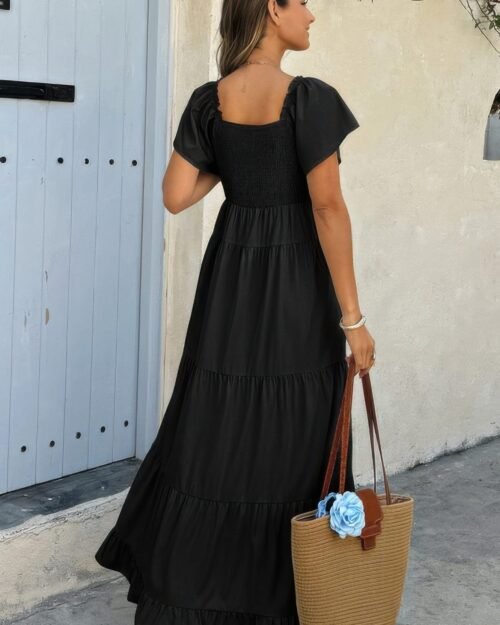 square neck cross knot pockets ruffle hem dress