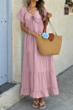 Square Neck Cross Knot Pockets Ruffle Hem Dress