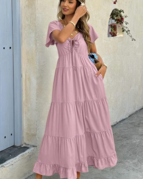 square neck cross knot pockets ruffle hem dress