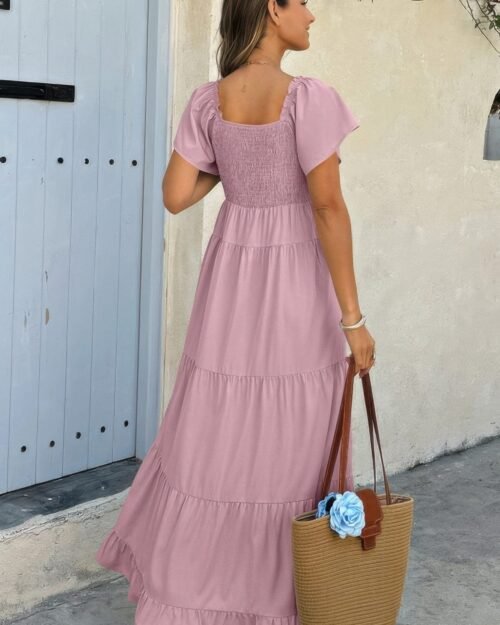 square neck cross knot pockets ruffle hem dress