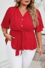 Plus Tie Front Half Button V Neck Solid Blouse