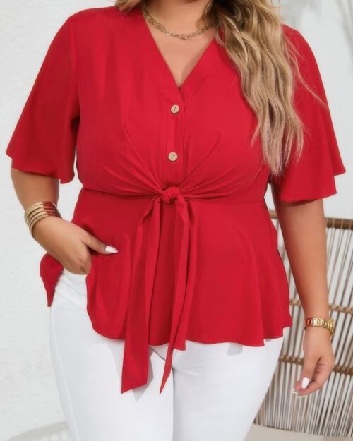Plus Tie Front Half Button V Neck Solid Blouse